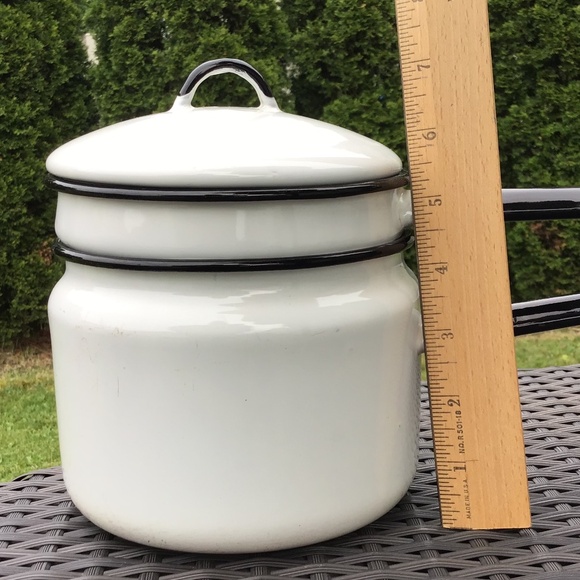 Vintage Double Boiler Enamelware White Black 3 Piece Set Pots & Lid - Picture 12 of 13